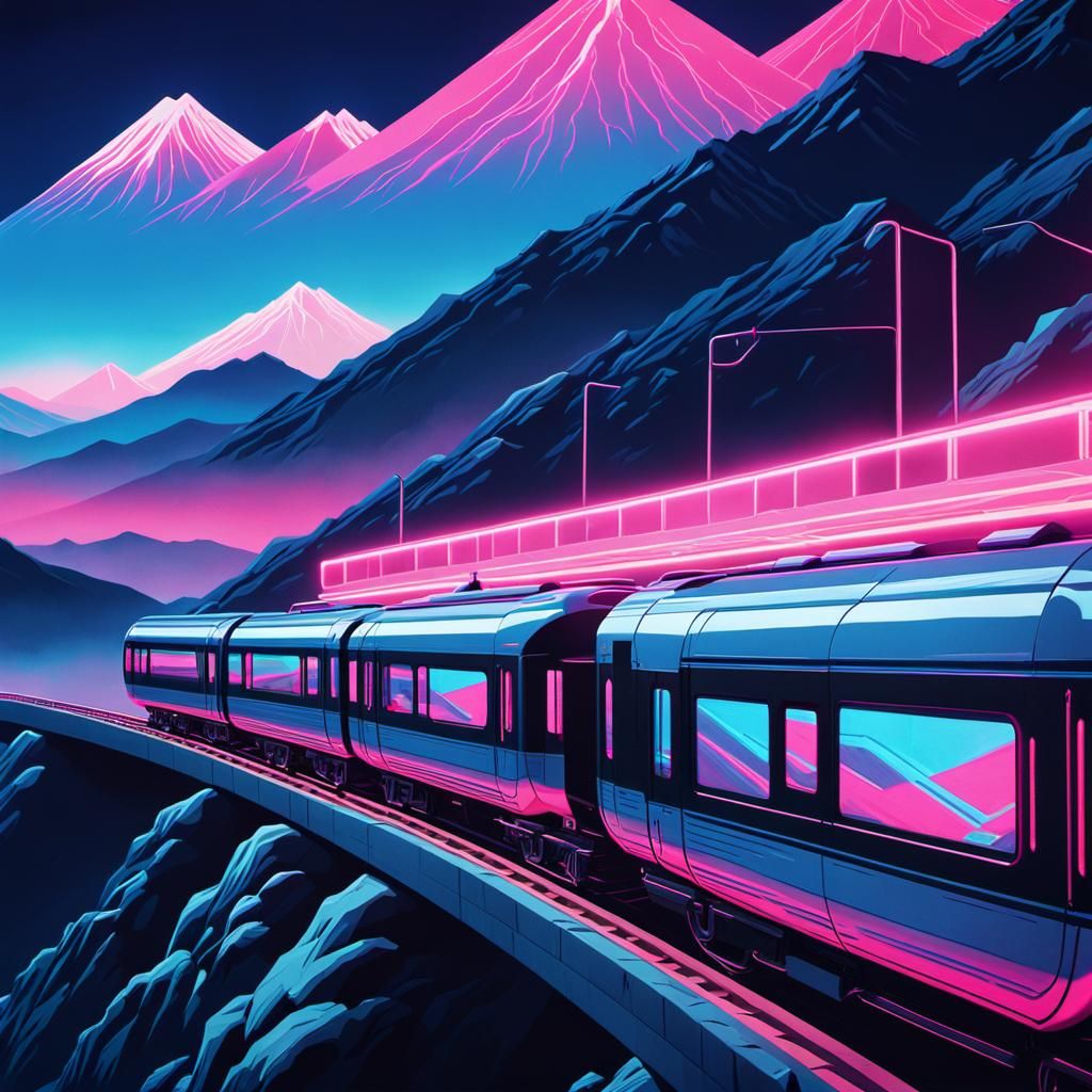 Futuristic Train on Mountain in Ukiyo-e Style