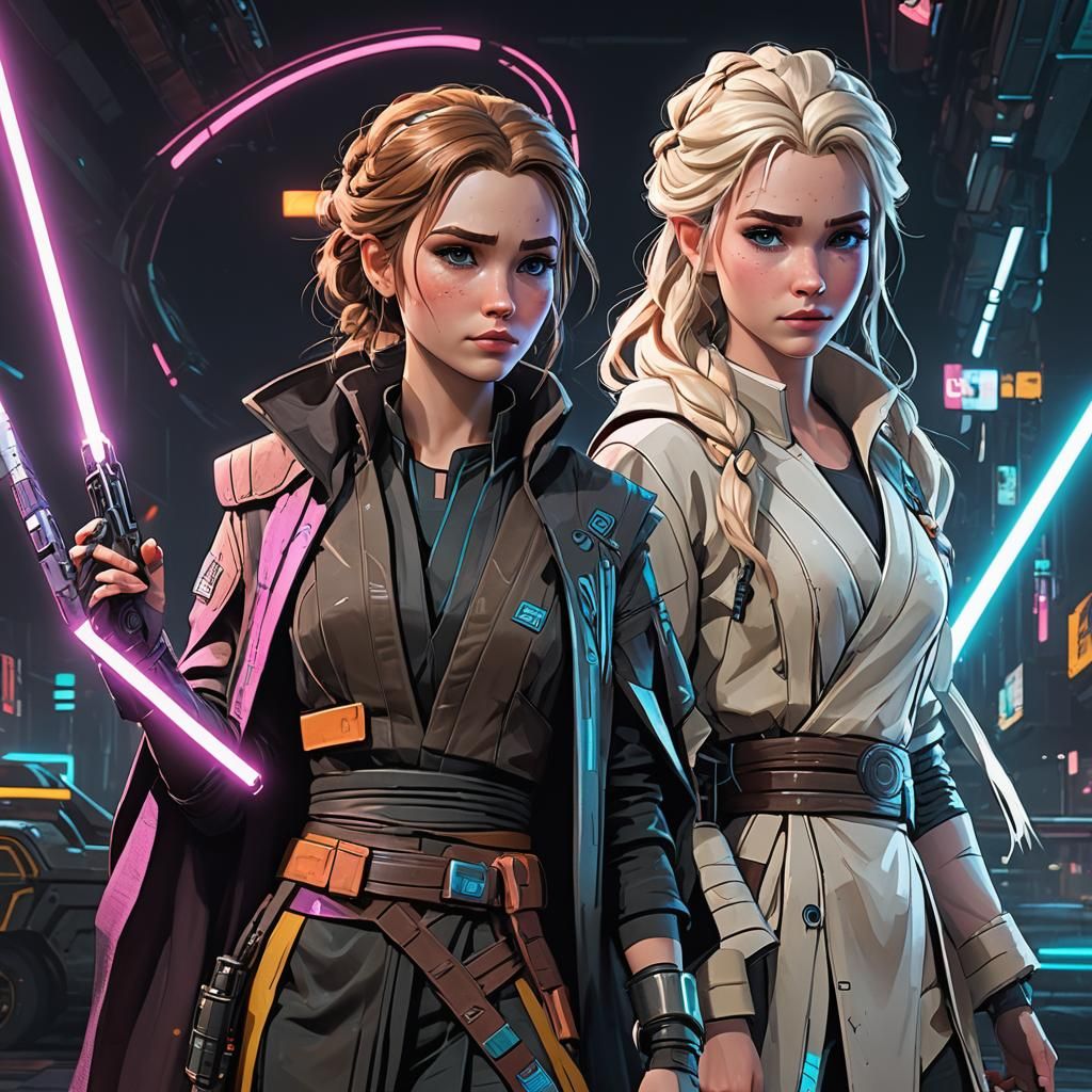 Anna and Elsa as Jedi in Cyberpunk Style