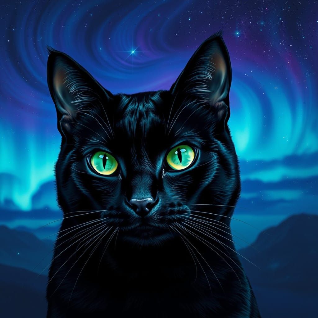 Majestic Black Cat Under Vibrant Midnight Sky