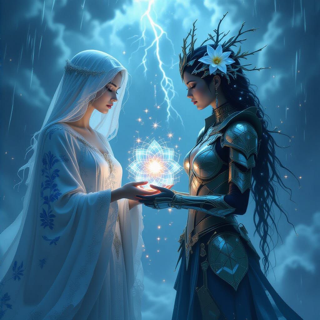 Cosmic Women in Biomechanical Watercolor Style