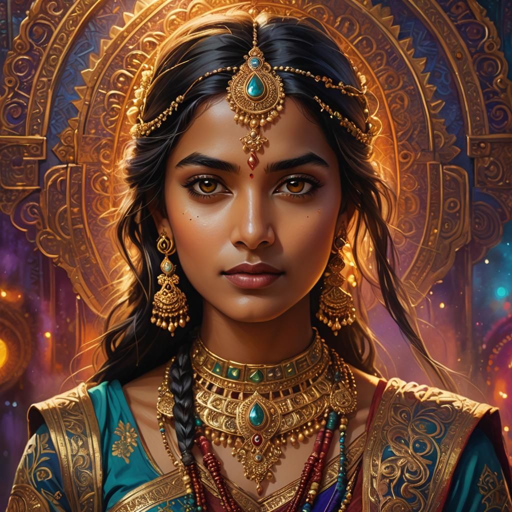 Beautiful Hindu Girl Portrait in Art Nouveau Style