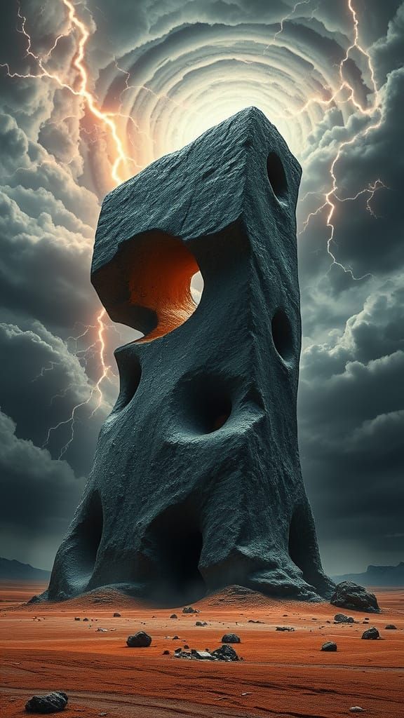 Twisted Stone Monolith in a Dark, Stormy Landscape