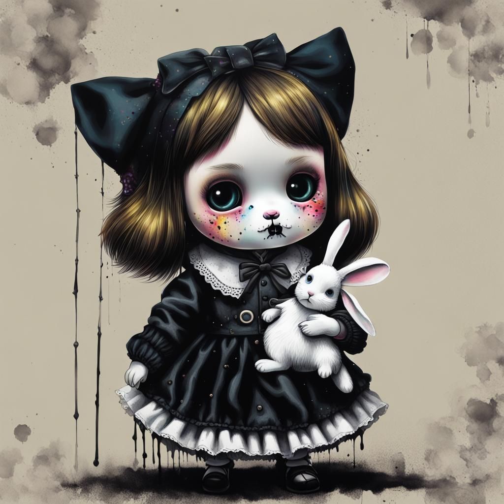 Macabre Gothic Doll with Rabbit, Splash Art