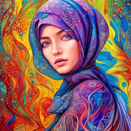 Gorgeous Woman in Hijab: Gouache and Volumetric Lighting