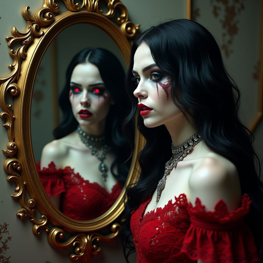 Gothic Victorian Woman and Vampire Reflection