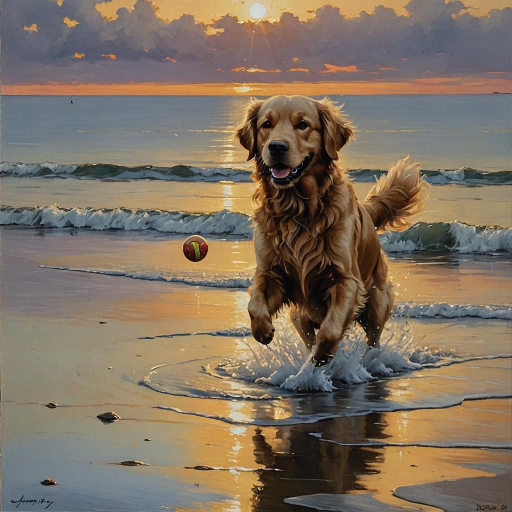 Golden Retriever at Sunset: An Oil Painting