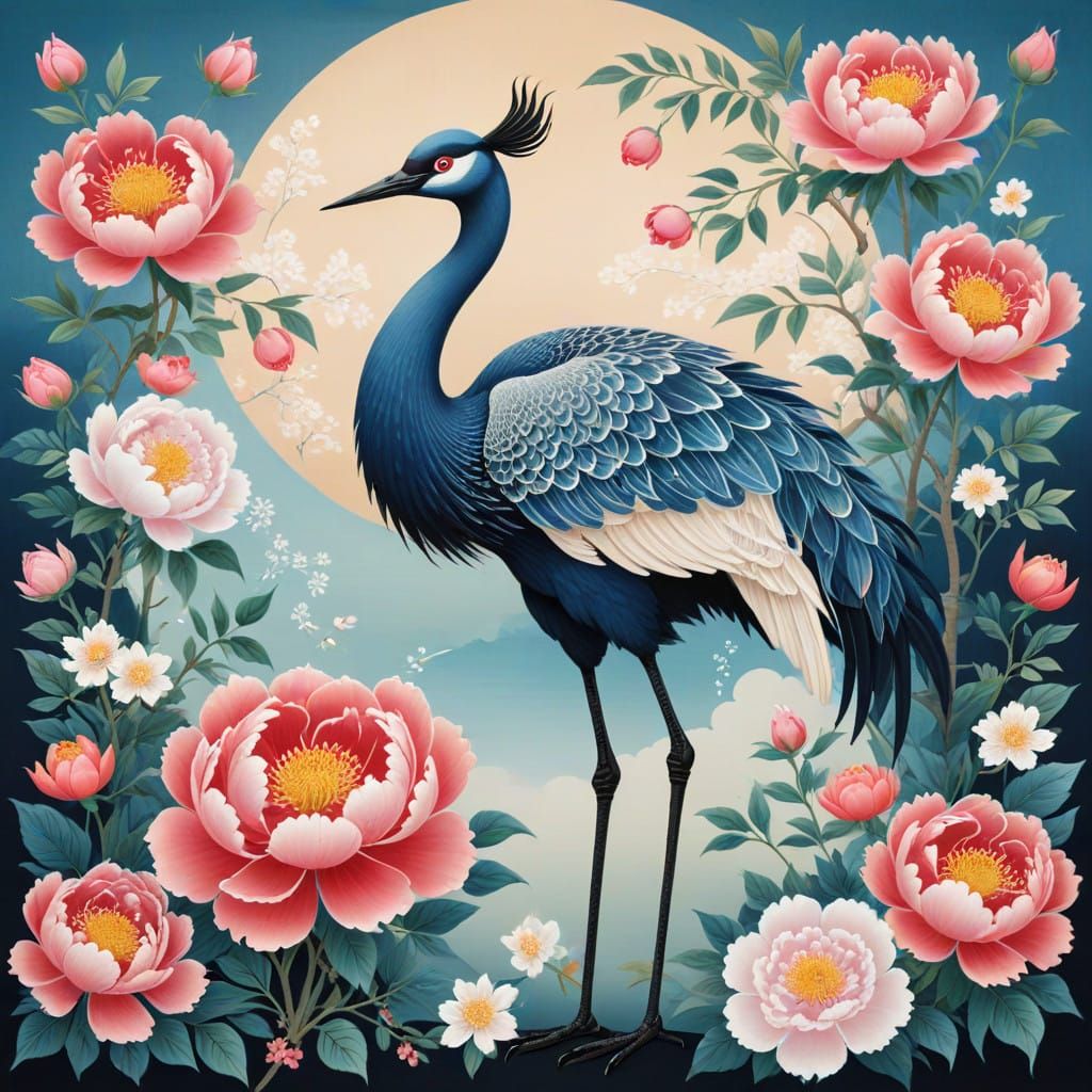 Vibrant Korean Folk Art Crane Amidst Peonies