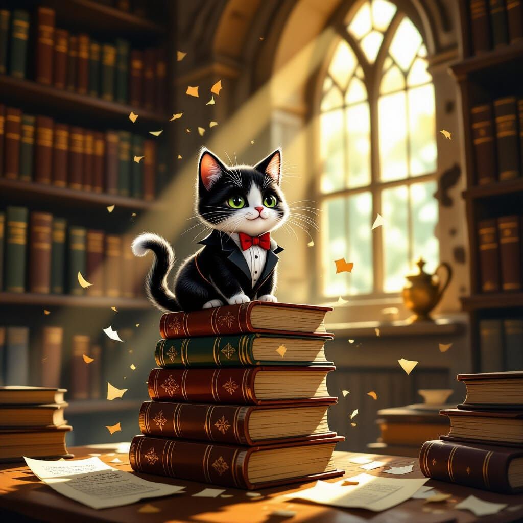 Clockwork Cat on Books in Dusty Library
