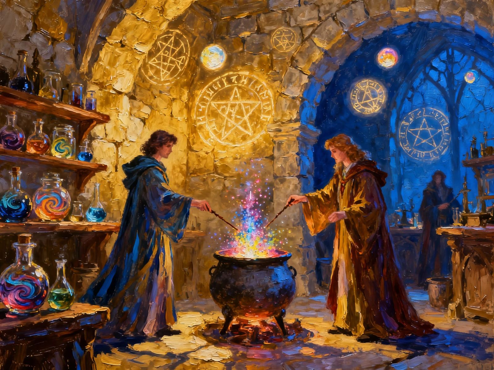 Magical Laboratory with Spell Testing in Impasto Style