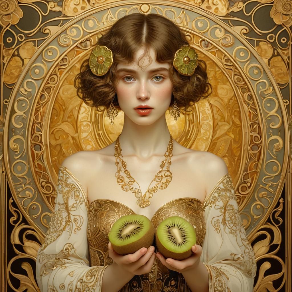 Golden Art Nouveau Woman With Kiwi Fruit