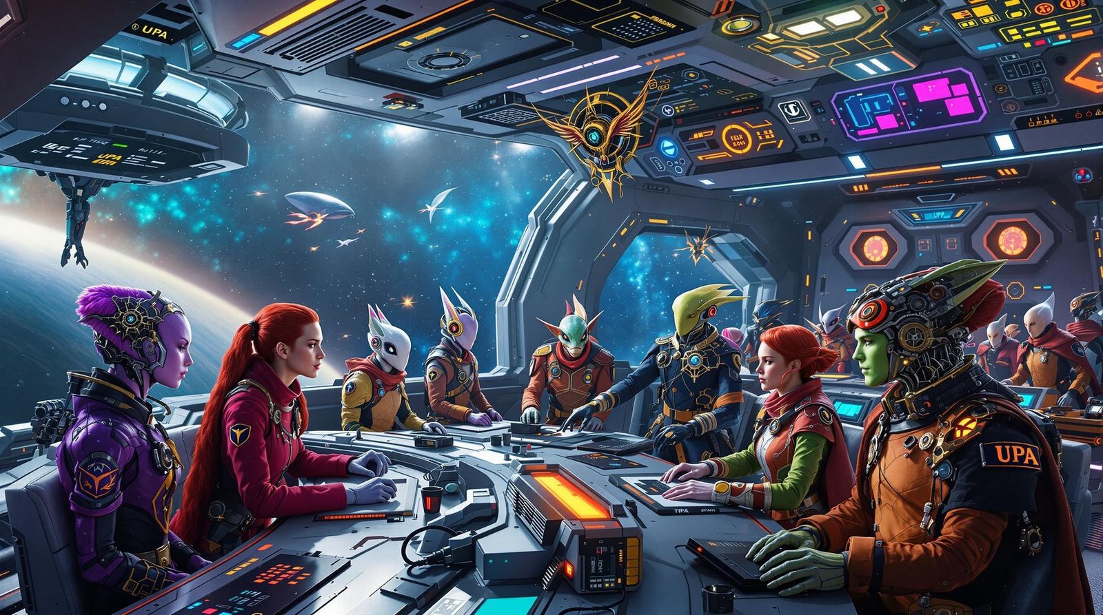 Cosmicfleet Crew Assembles on Futuristic Spaceship Bridge