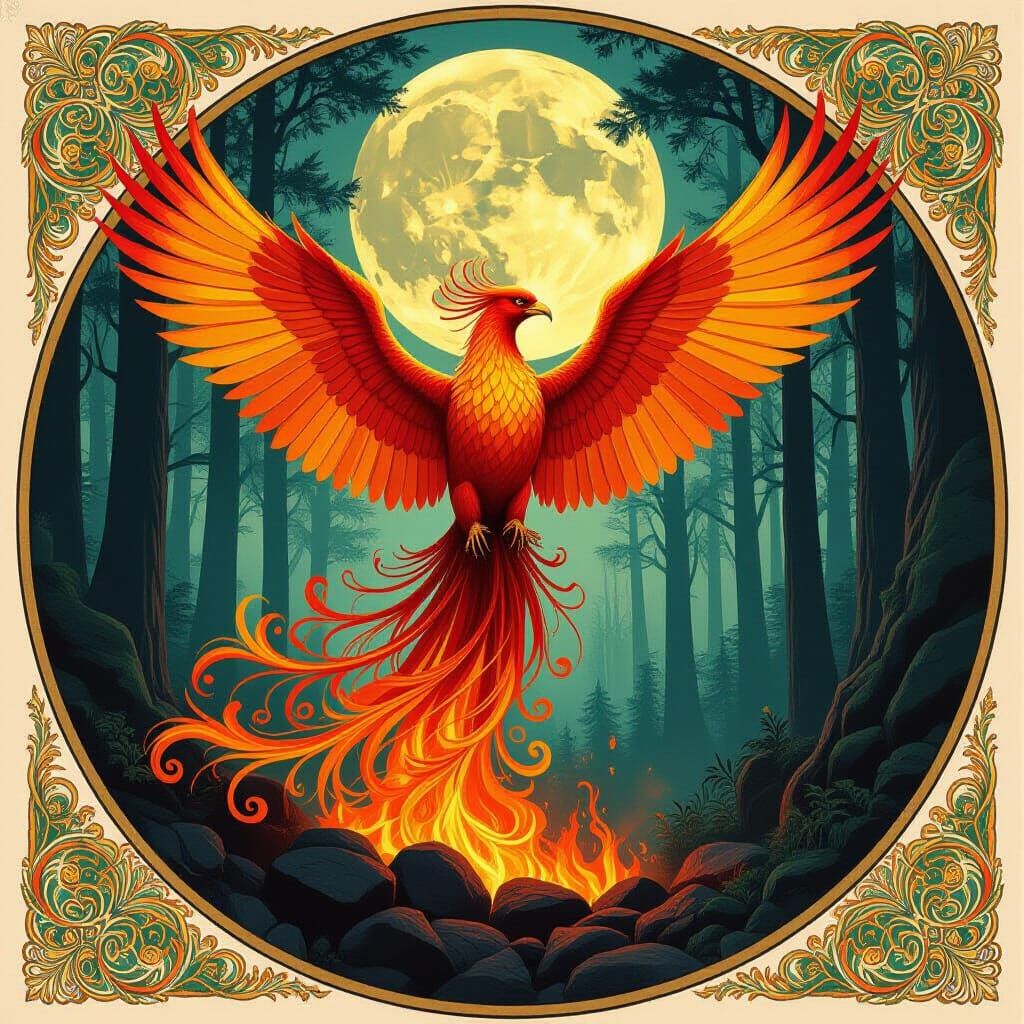 Phoenix Rising from Ashes in Moonlit Forest