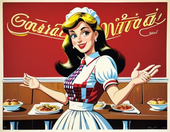 Cheerful Italian Waitress in Cartoon Style