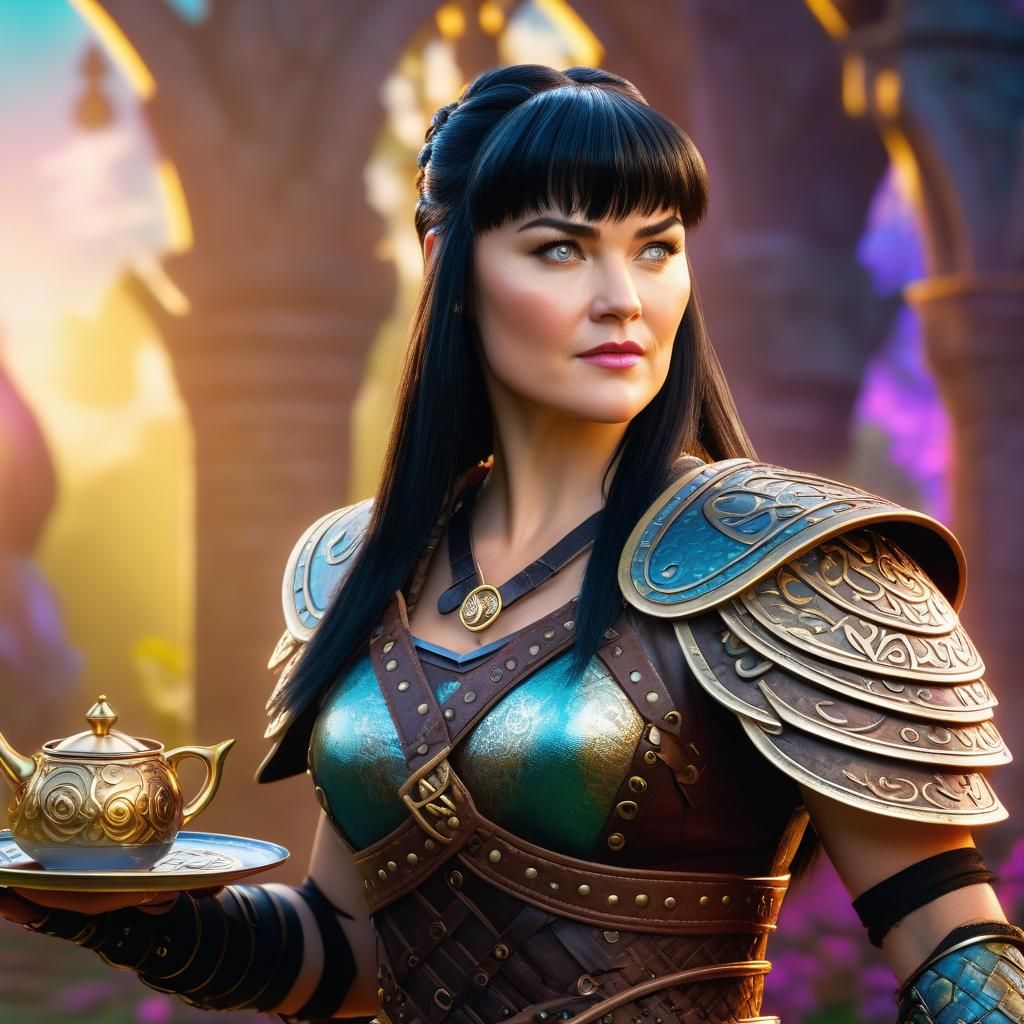 Xena's Whimsical Tea Party: A 3D Digital Art Concept