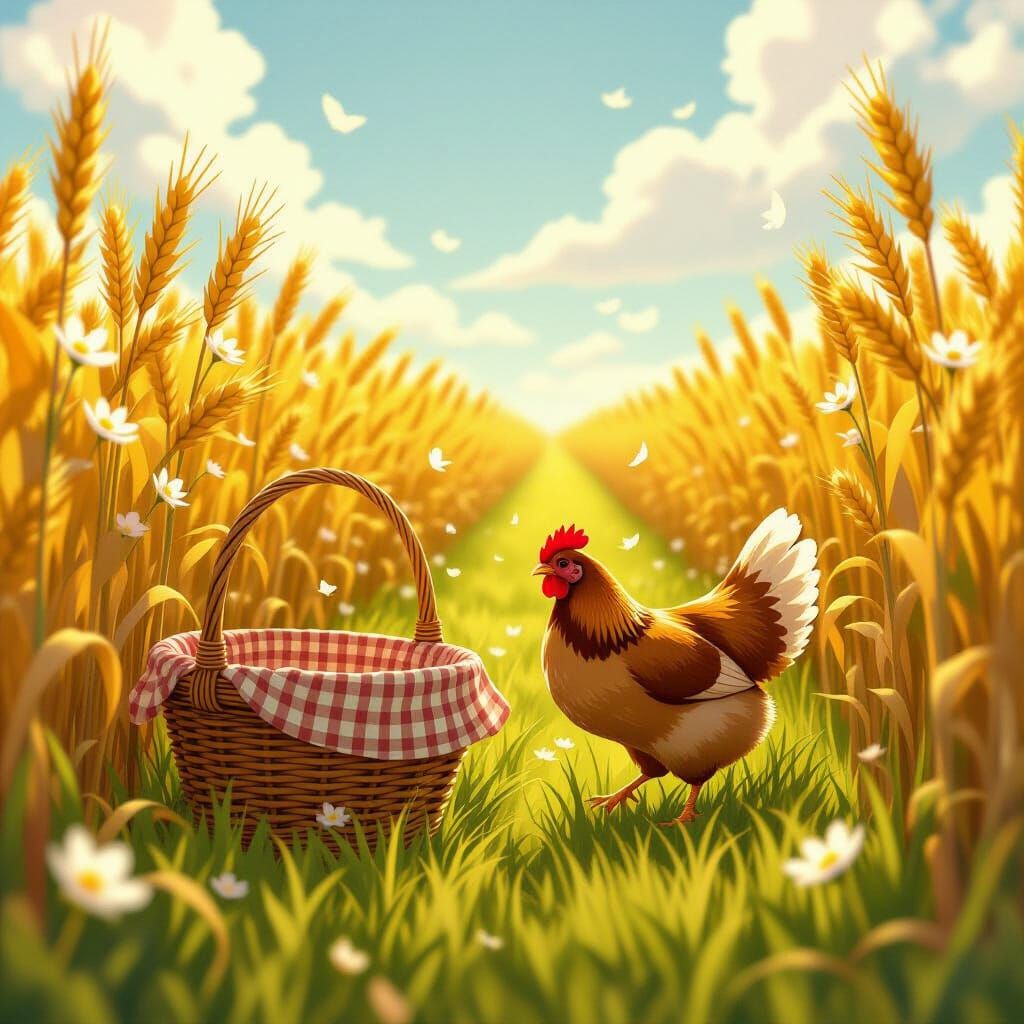 Plump Chicken Bustles Through Golden Wheat Field