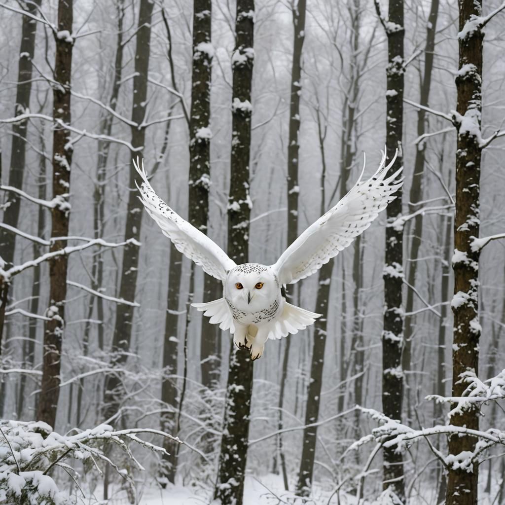 Snowy Owl Hunting in a Winter Forest