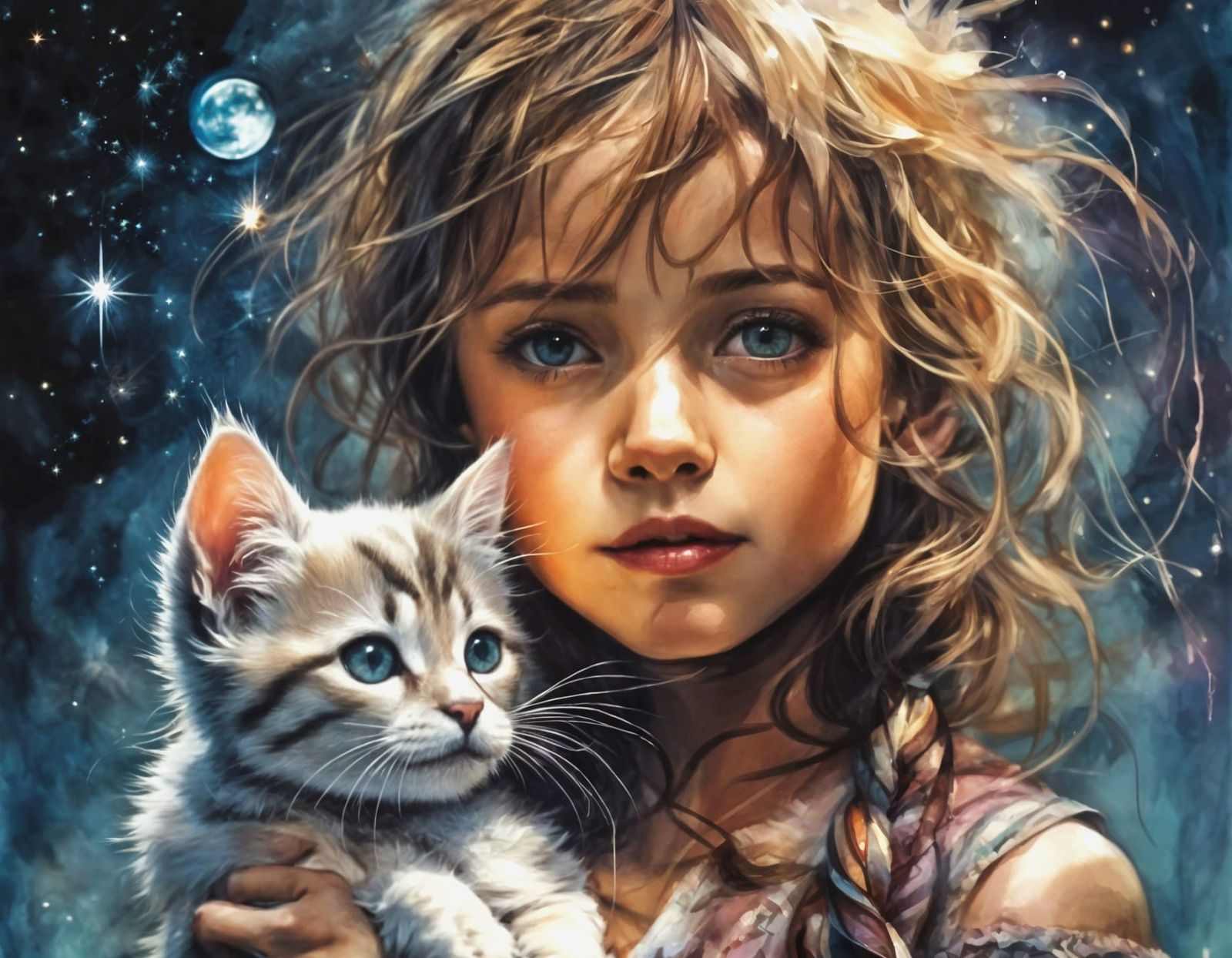 Child with Kitten Under Moonlight, Burtonesque Style