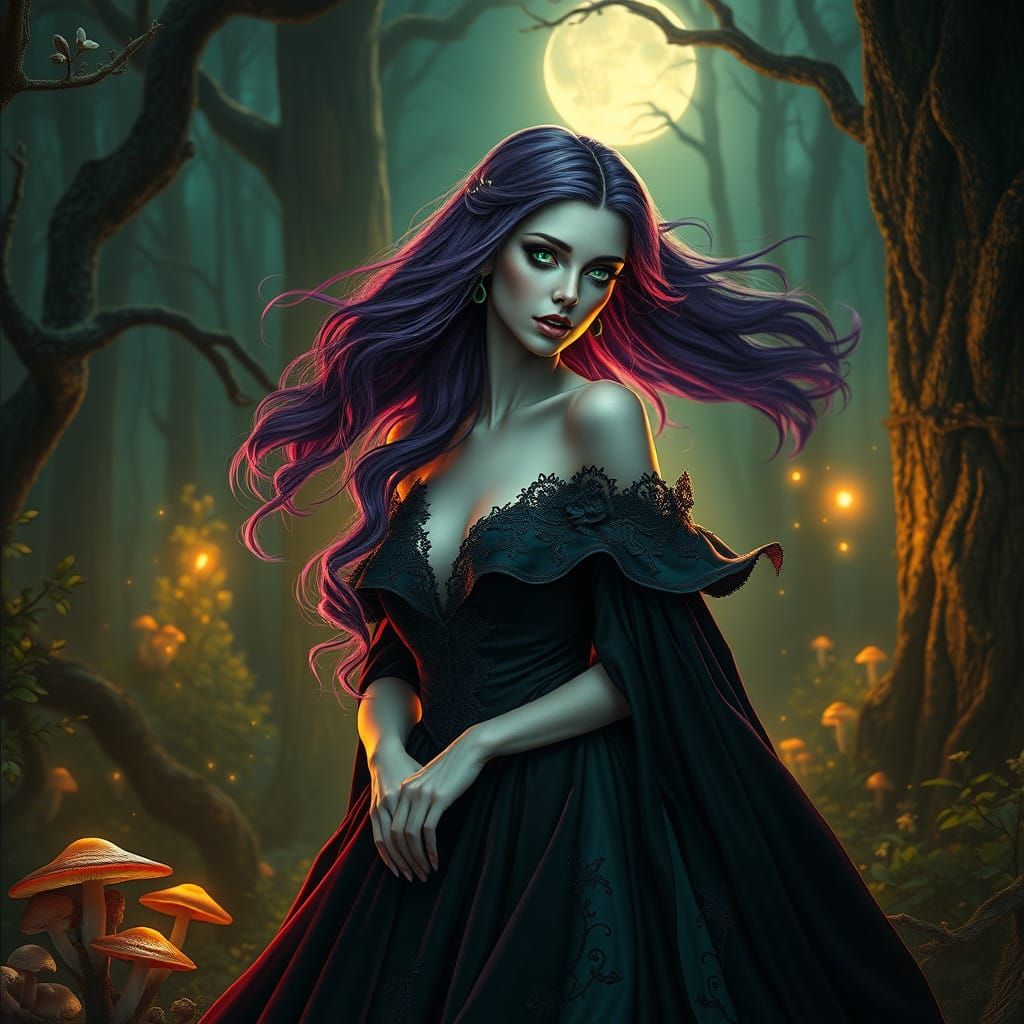 Vampire Princess in Moonlit Forest, with a Serpentine Compan...