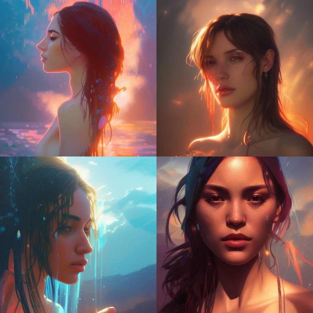 Tropical Sunset Waterfall Portrait in Artgerm Style