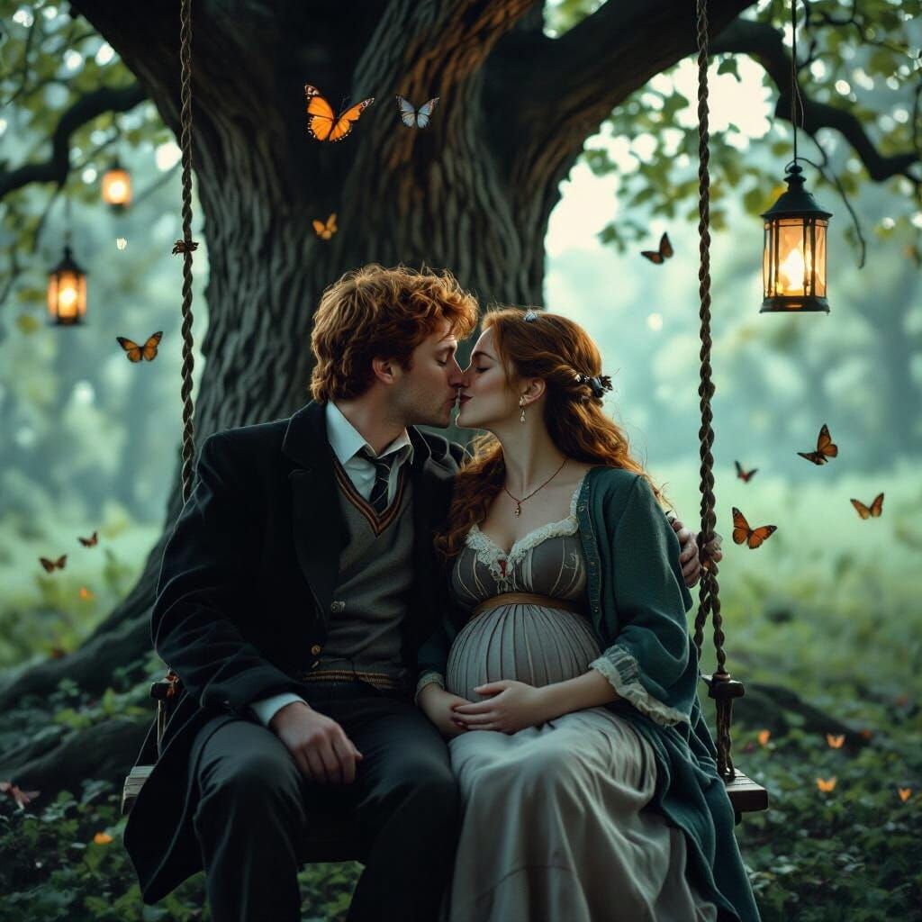 Hermione and Ron: Tender Kiss in Surreal Woods