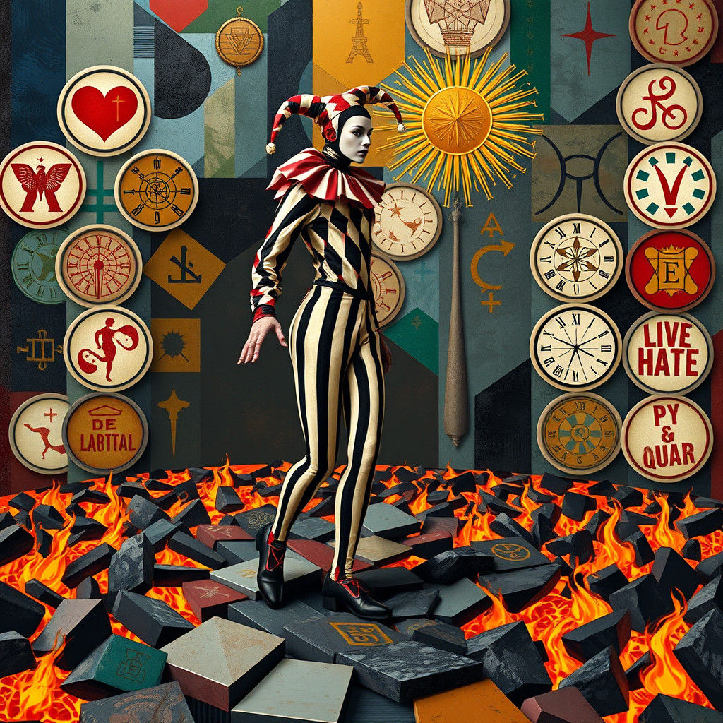 Dynamic Harlequin on Coals in Cubist Art Deco Style