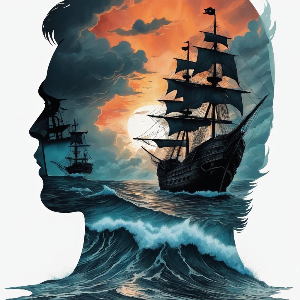 Guitar and Pirate Ship in Double Exposure Style