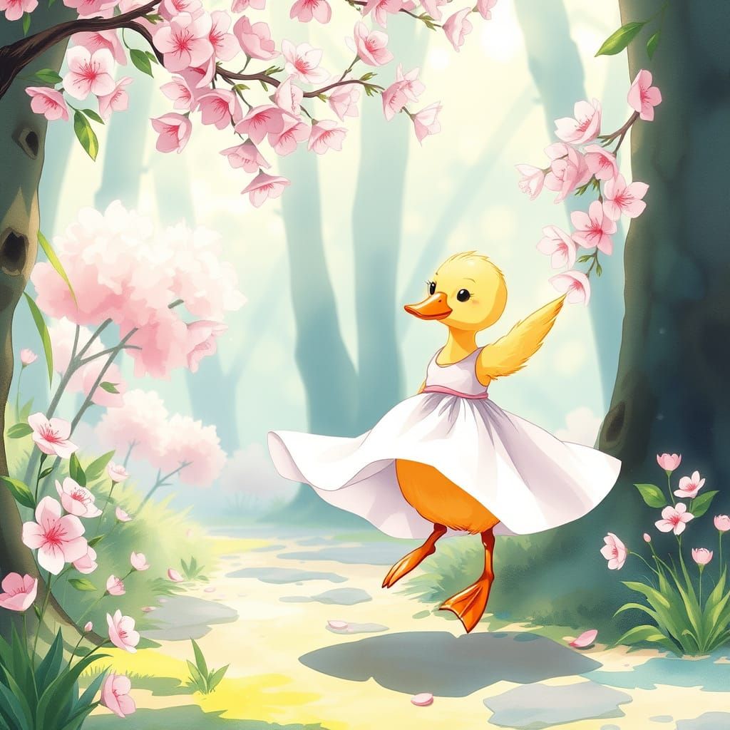 Duckling Dances in Cherry Blossom Forest: Anime Style