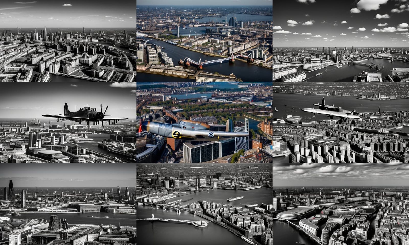 From overhead A Luftwaffe Heinkel He 111 bomber plane flying over Wapping and the Isle of Dogs in the East End of London...