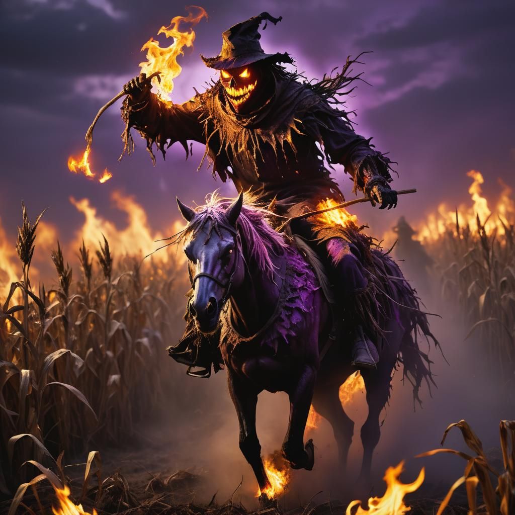 Fiery Scarecrow Rides Demonic Horse Through Burning Field