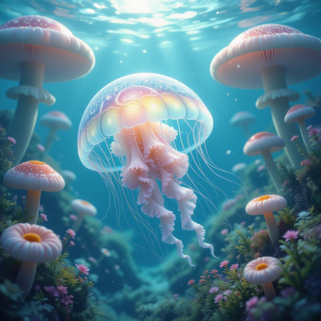 Bioluminescent Jellyfish in Ethereal Underwater Garden