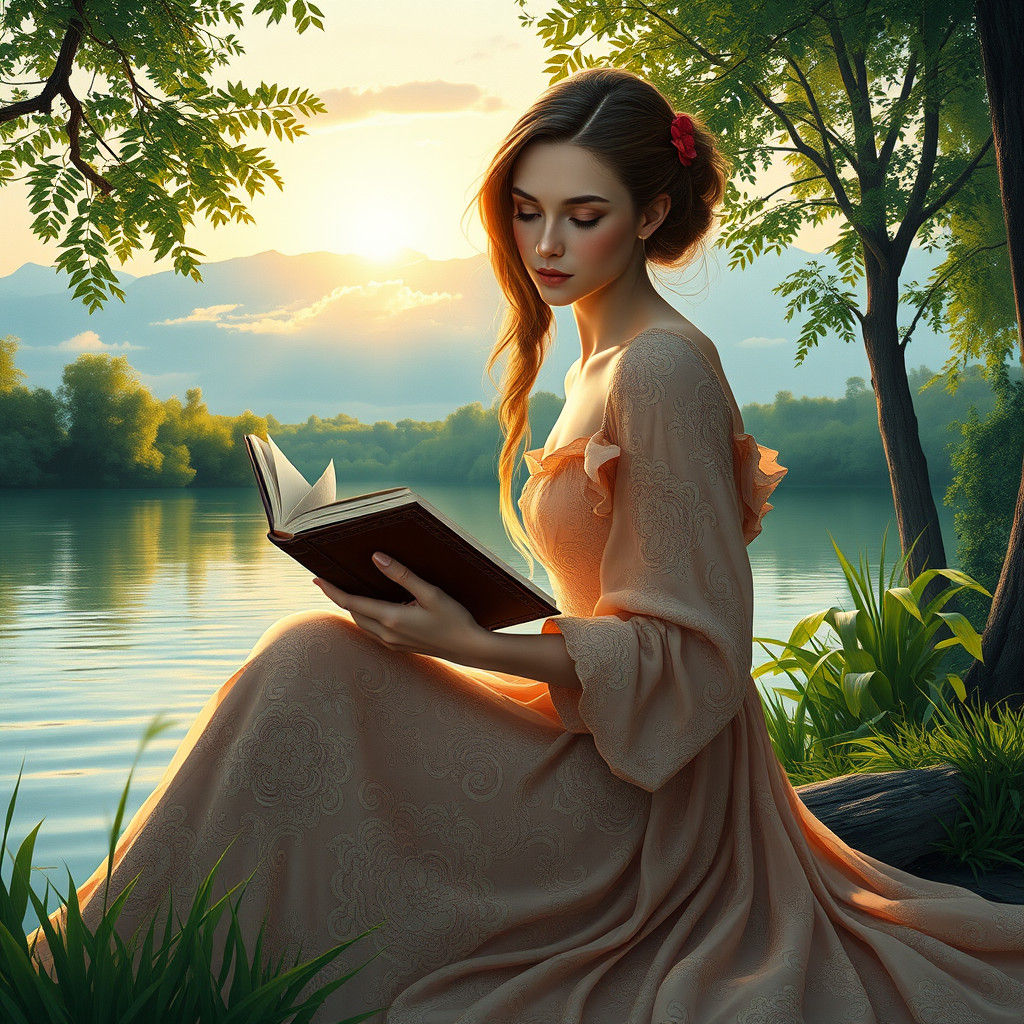 Lady Reading by Lake at Sunset