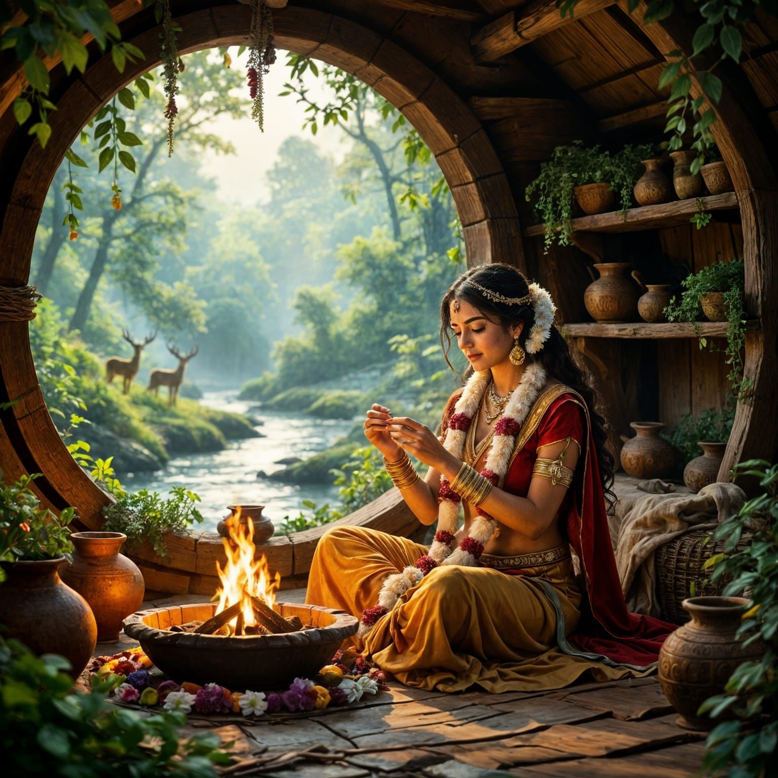 Sita's Forest Abode: Medieval Indian Fantasy Art