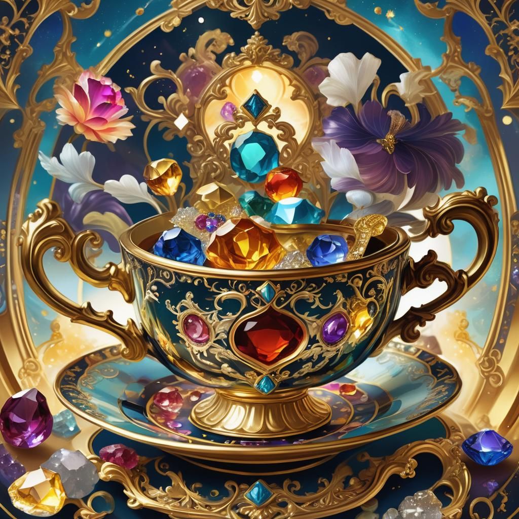 Adventurers in Gemstone Teacup: Baroque Digital Art