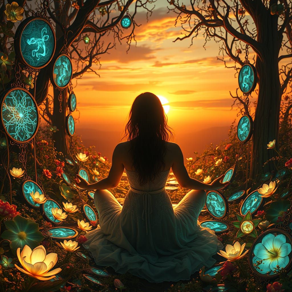 Mystical Woman Meditating in Sunlit Labyrinth of Light