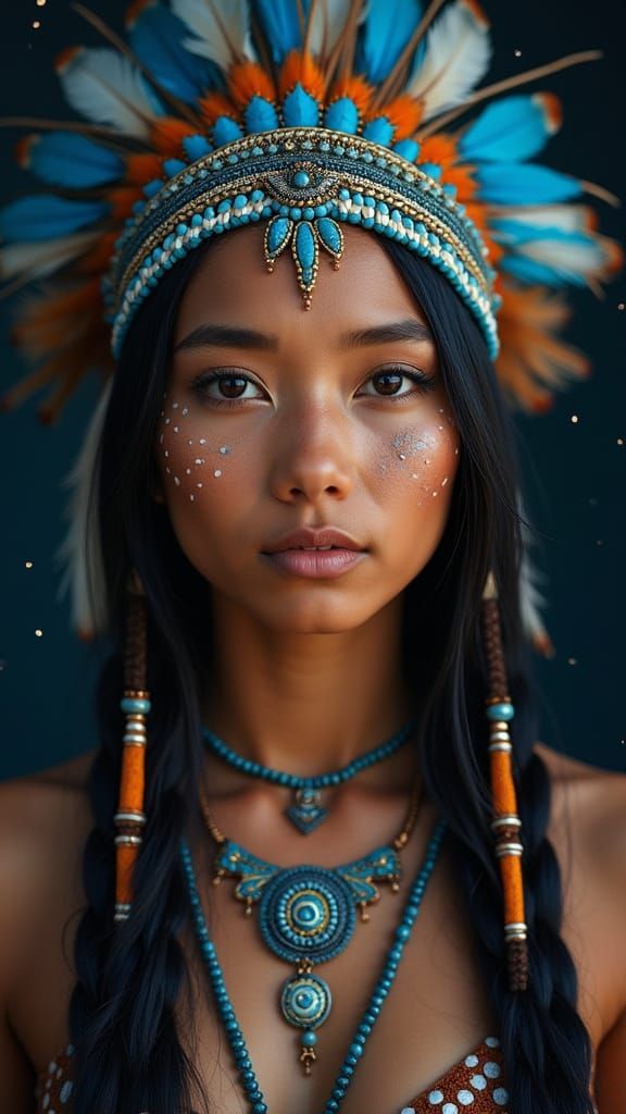 Native American Woman Portrait with Vibrant Headdress