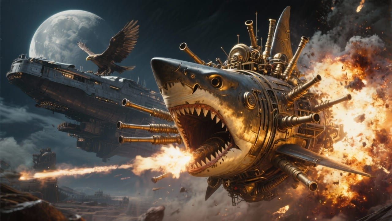 Steampunk Hawk Spaceship Battles Shark Ship Near Moon