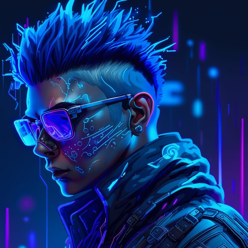 Cyberpunk Hacker with Neon Lights and Blue Hair