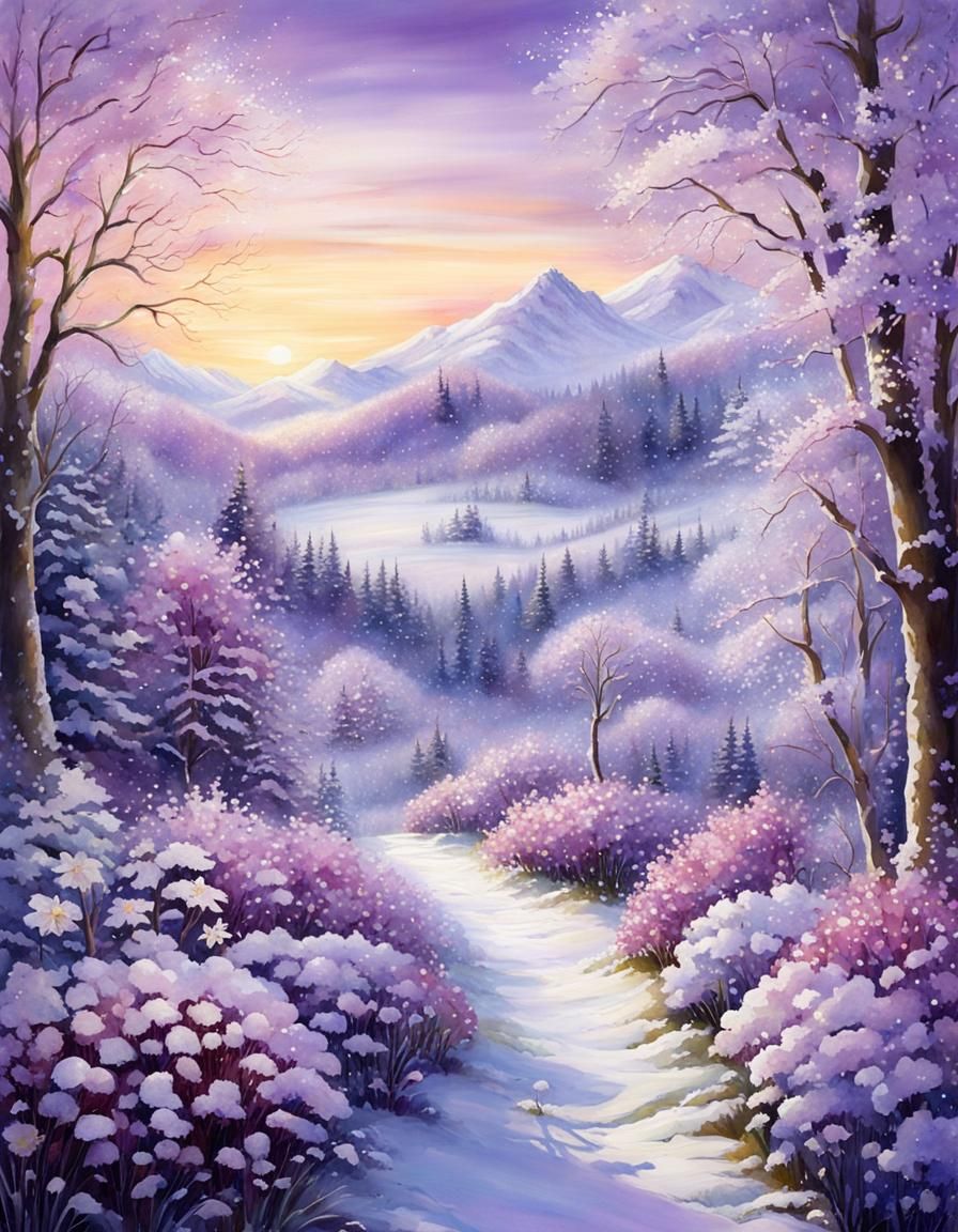 Fairytale Garden in Winter Wonderland, Watercolor Style