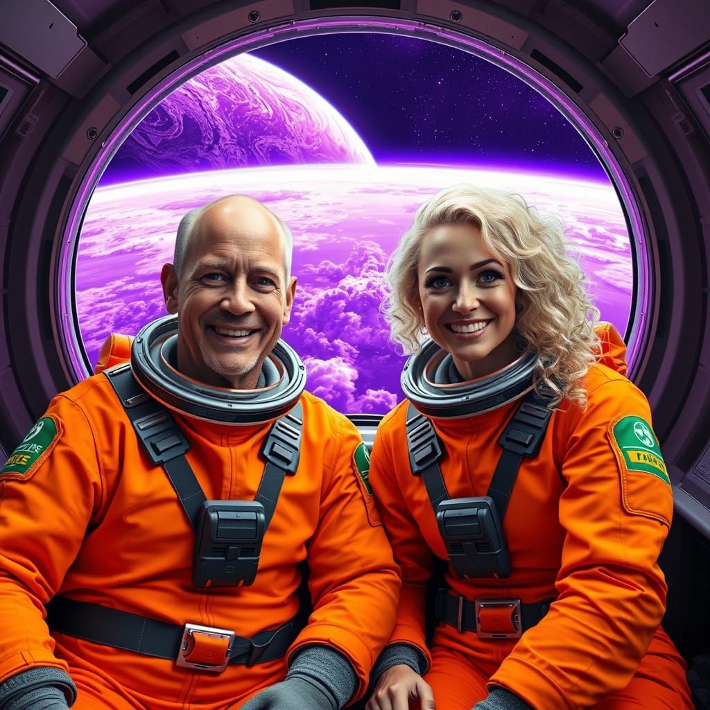 Two Astronauts in Bright Orange Spacesuits, Smiling in a Spa...