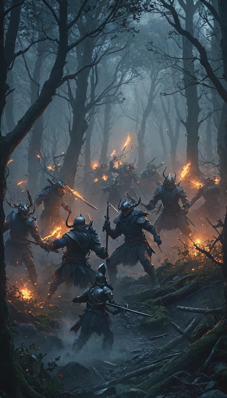 Warriors' Battle Cries in Mystical Forest