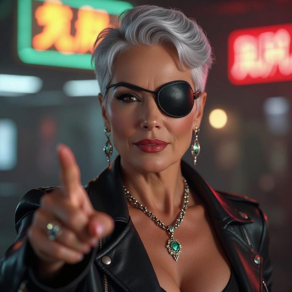 Futuristic Woman with Eyepatch Points Finger, 8K Portrait