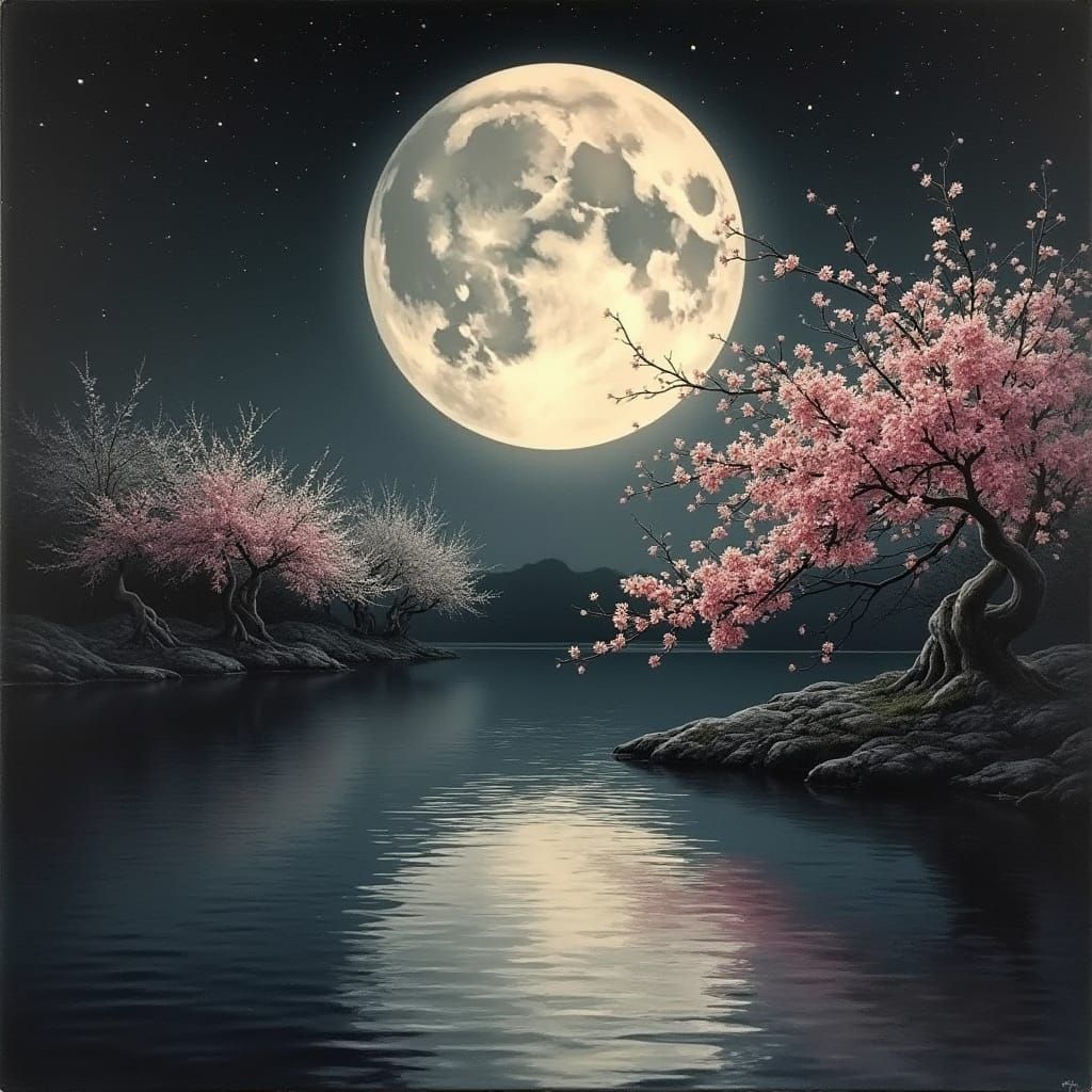 Dreamy Black and White Full Moon Landscape with Cherry Bloss...
