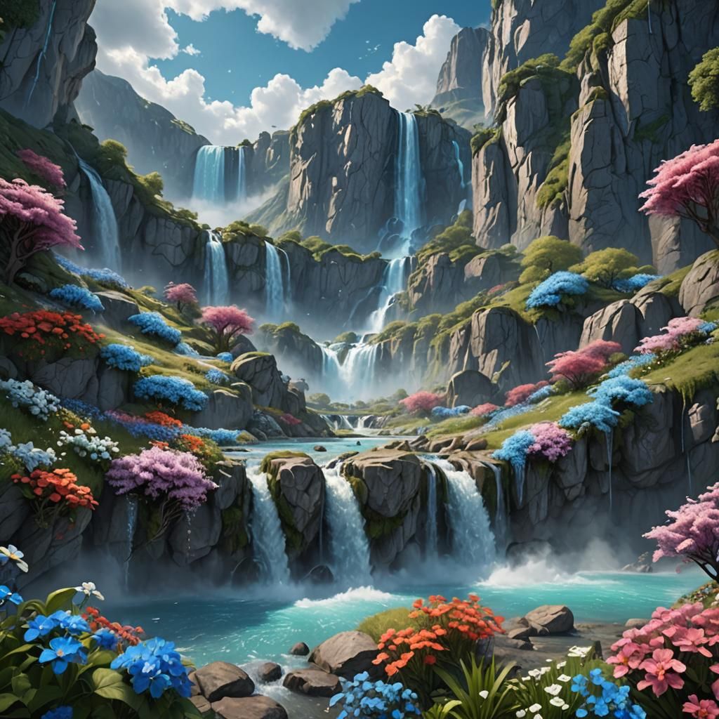 Blue Waterfall Between Mountains: Fantasy Concept Art