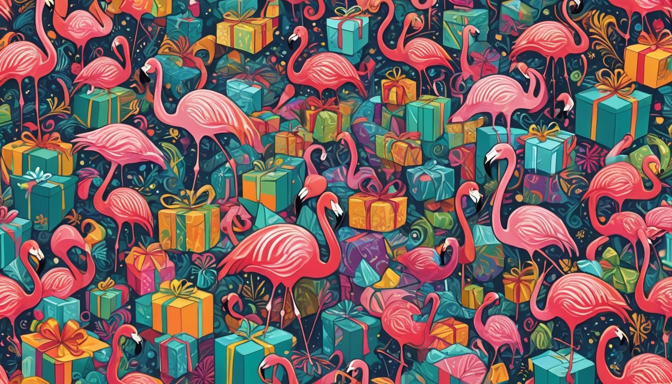 Whimsical Flamingos Wrap Presents in a Vibrant Christmas Sce...
