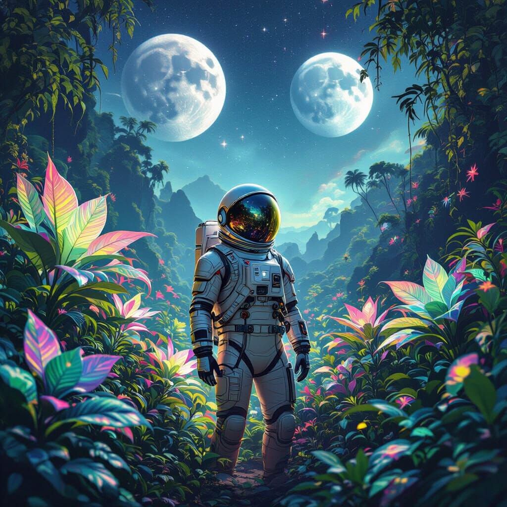 Astronaut's Bioluminescent Garden: Surreal Digital Painting
