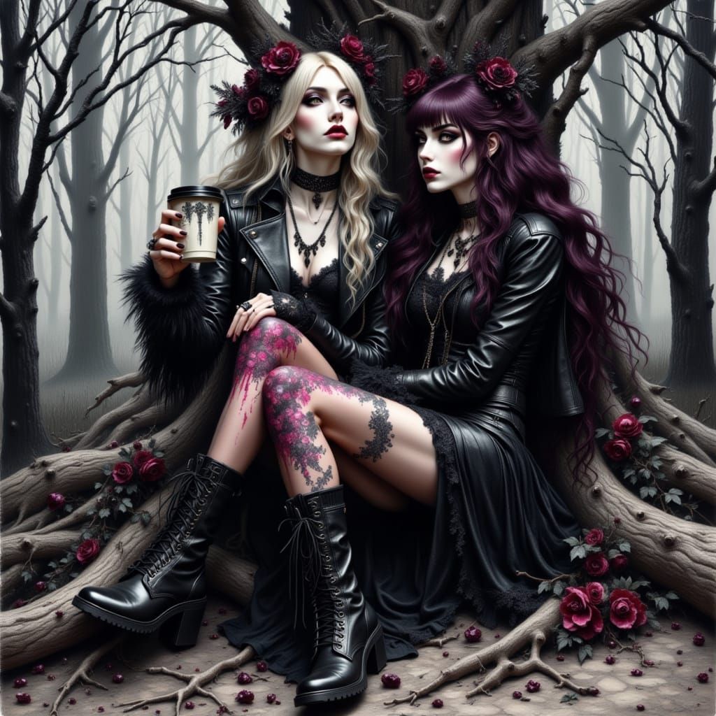 Gothic Emo Girl in Christmas Scene with Encaustic Art Style