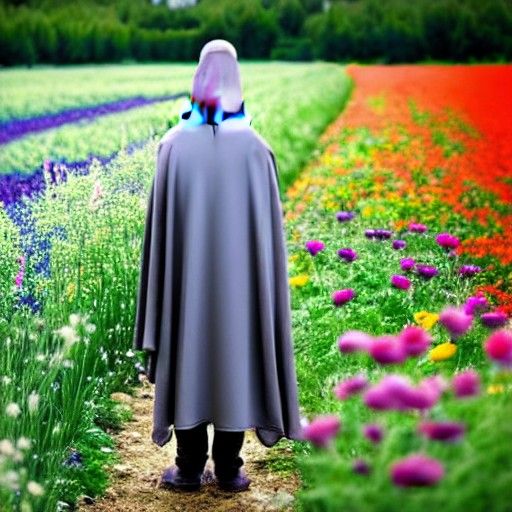 Hooded knight standing in a field of flowers