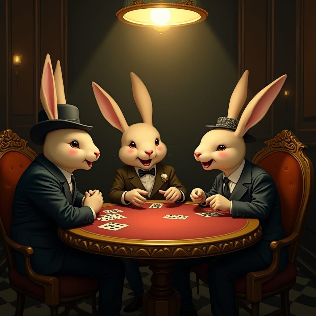 Dapper Bunnies Playing Cards in a Speakeasy
