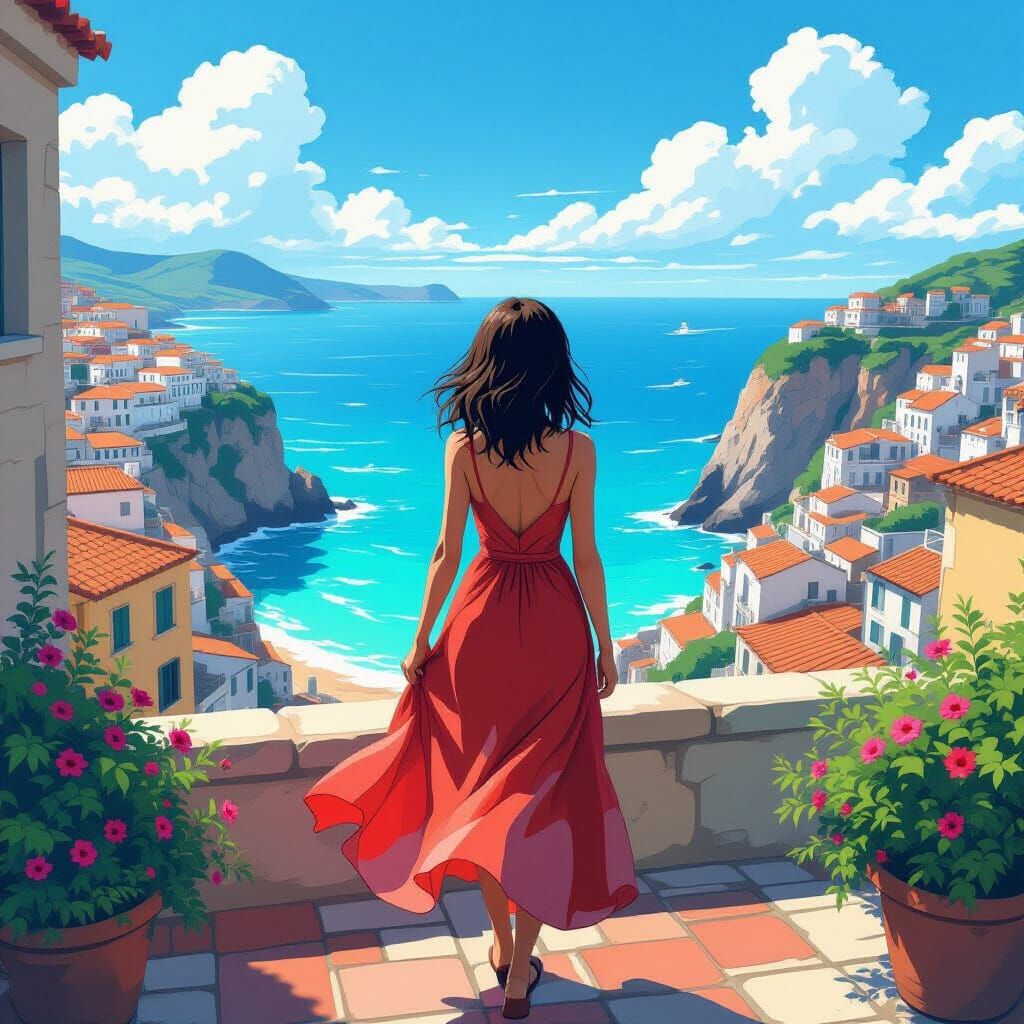 Anime Woman Overlooking Turquoise Sea