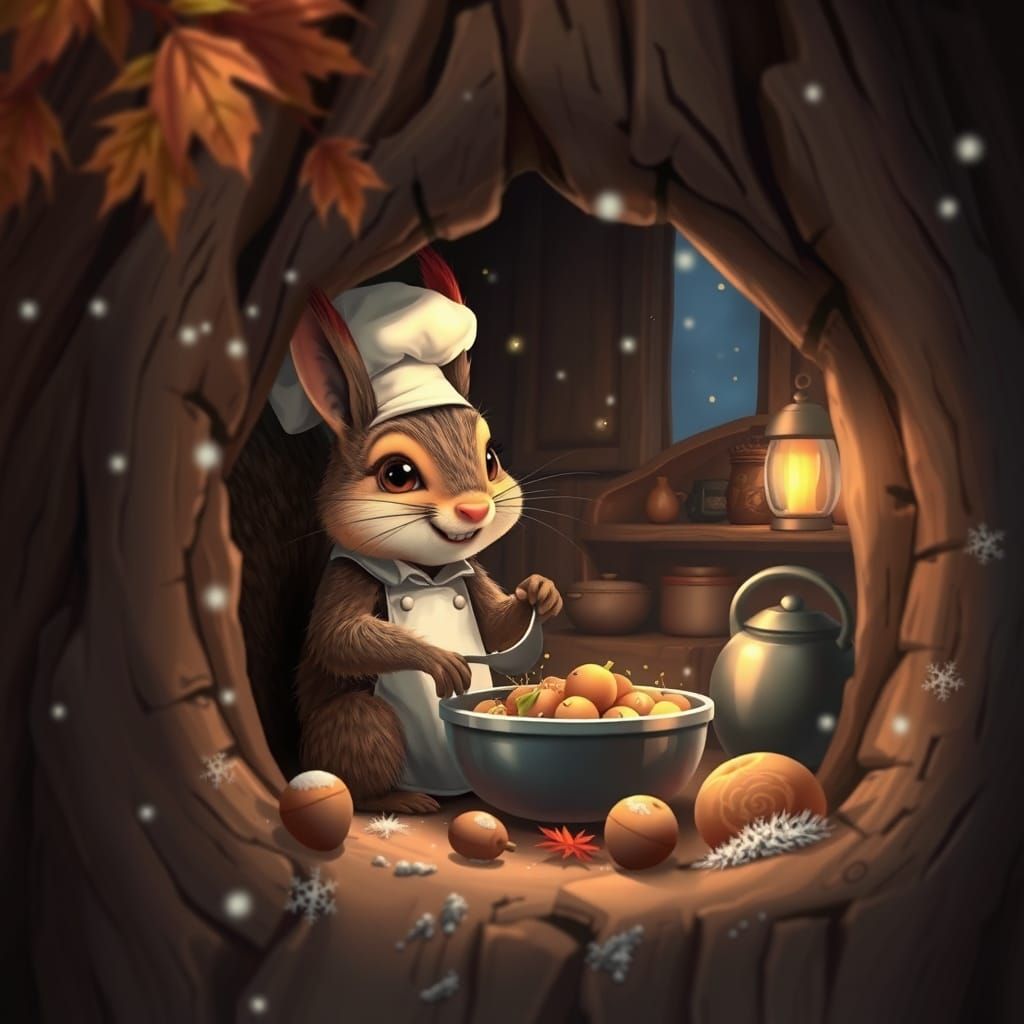 Whimsical Squirrel Chef Prepares Acorn Dish in Cozy Kitchen